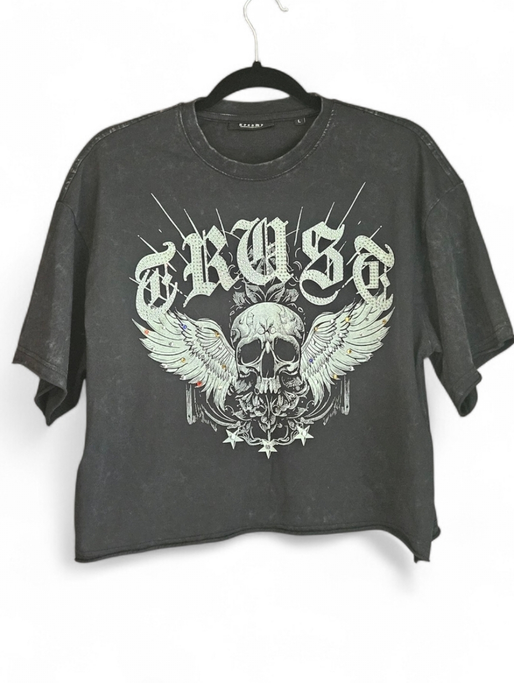 Kréamy Rhinestone Skull & Wings Acid Wash Crop Top - Large